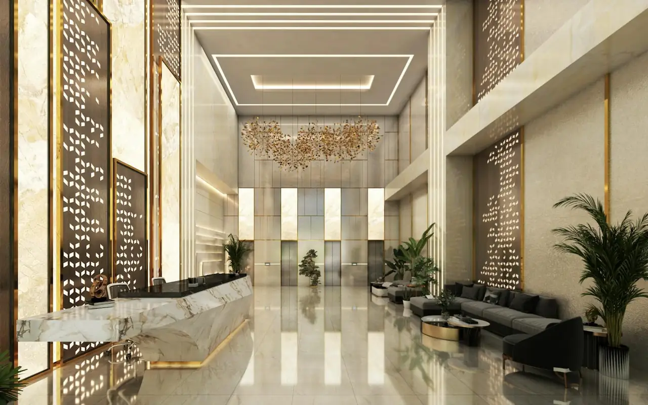 Hall di hotel moderna con reception e sedute